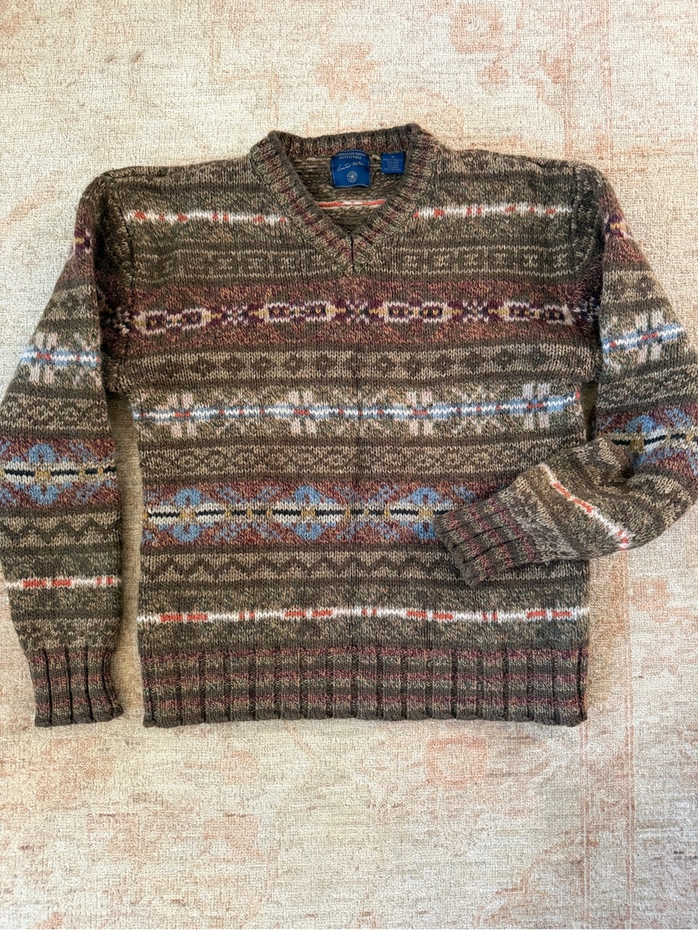 American Eagle Outfitters V-Neck Fair Isle Sweater - Olive, Blue, Rust